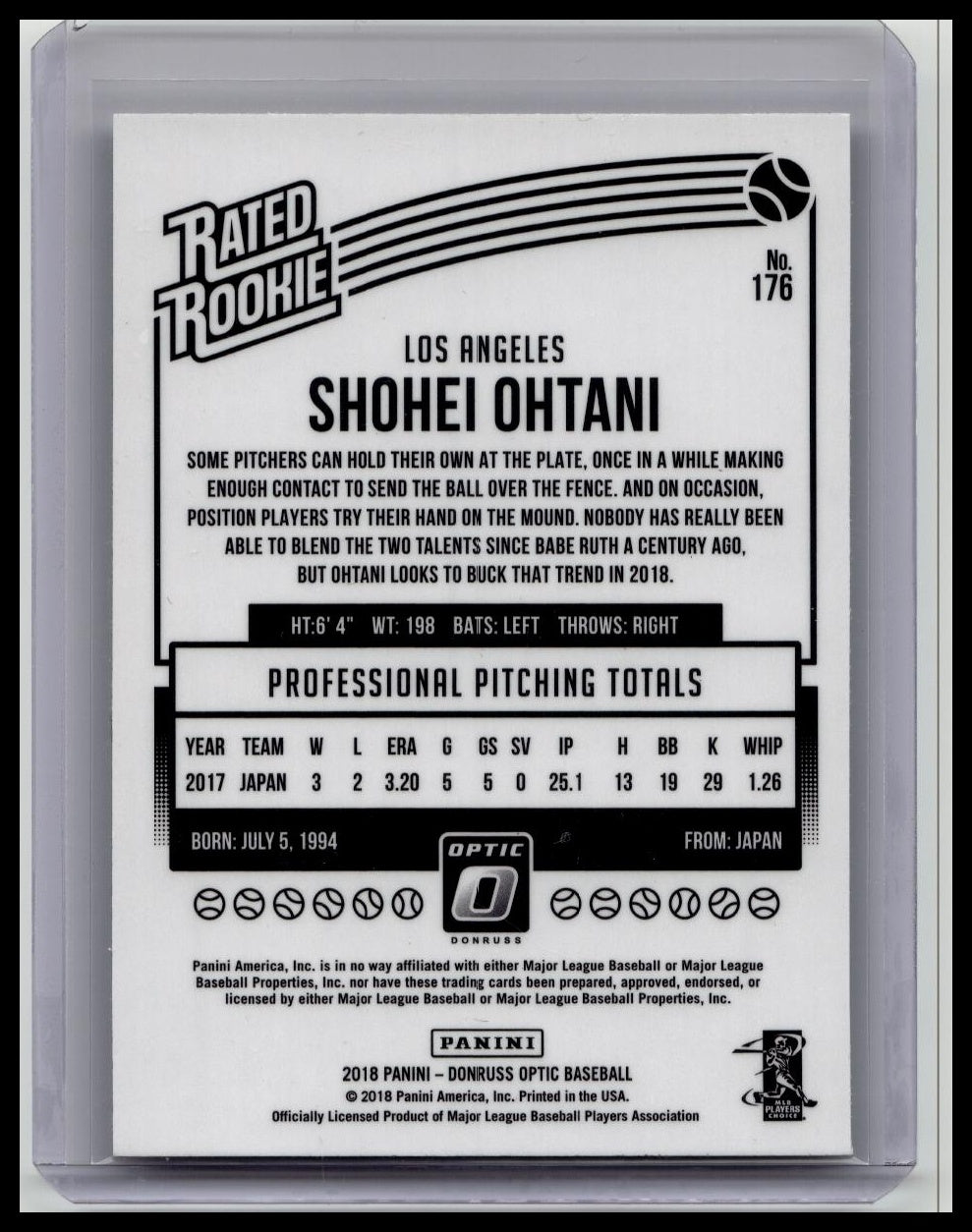 2018 Donruss Optic Rated Rookie #176 Shohei Ohtani Angels RC