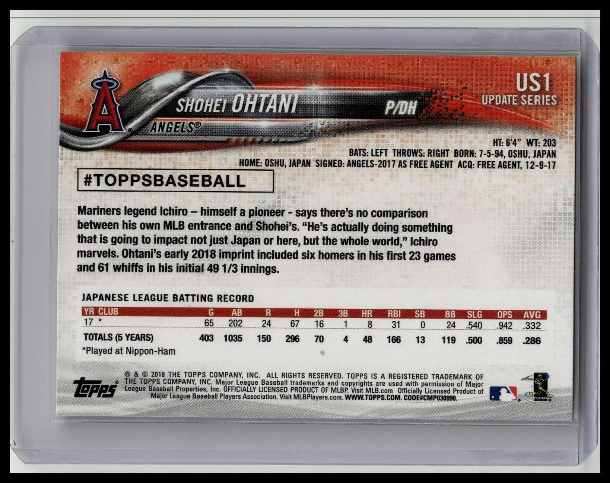 2018 TOPPS UPDATE #US1 SHOHEI OHTANI ROOKIE RC