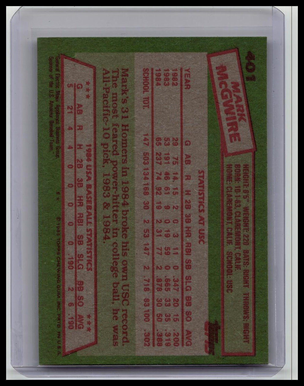 1985 Topps Mark McGwire Rookie RC _ #401