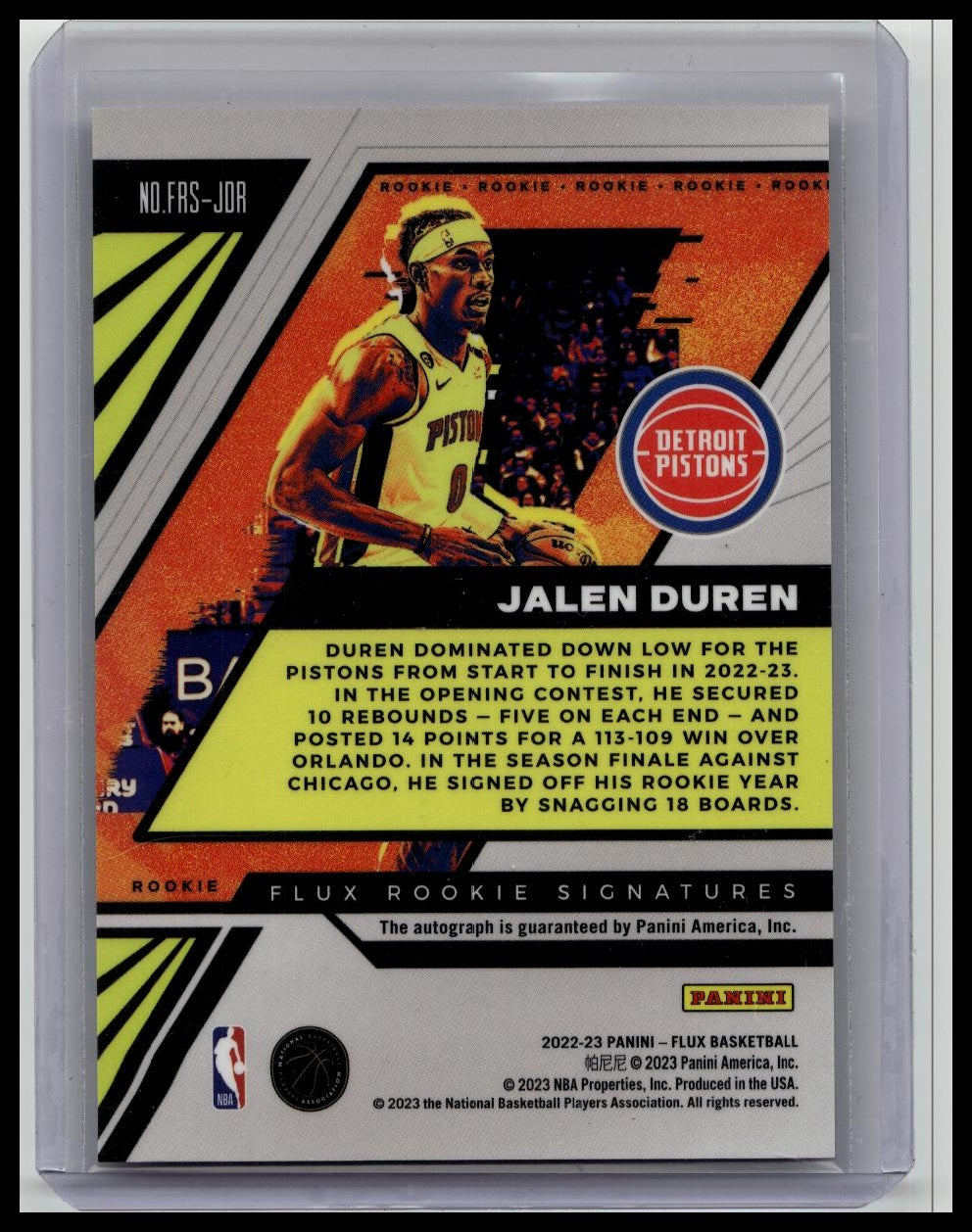 2022-23 Panini Flux Jalen Duren Rookie Signatures #FRS-JDR Detroit Pistons Auto