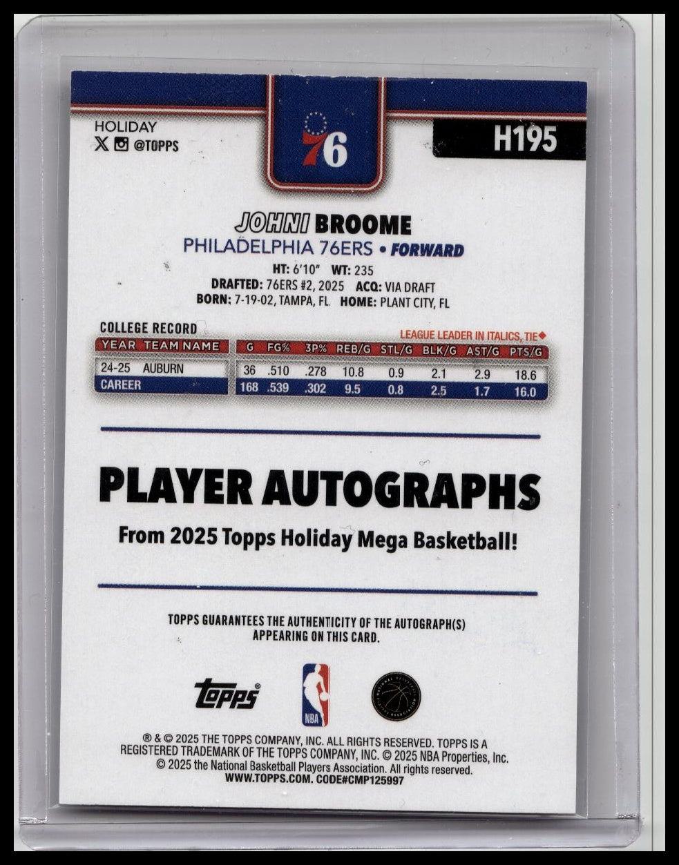 2025-26 Topps Holiday Basketball Johni Broome RC AUTO #H195 /25