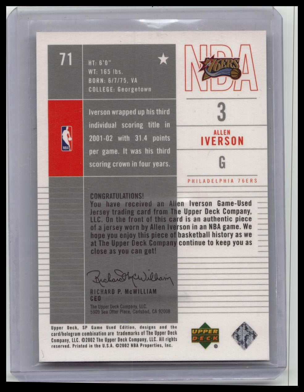 2002 Upper Deck SP Game Used Allen Iverson #PATCH Game Worn Jersey - Rare