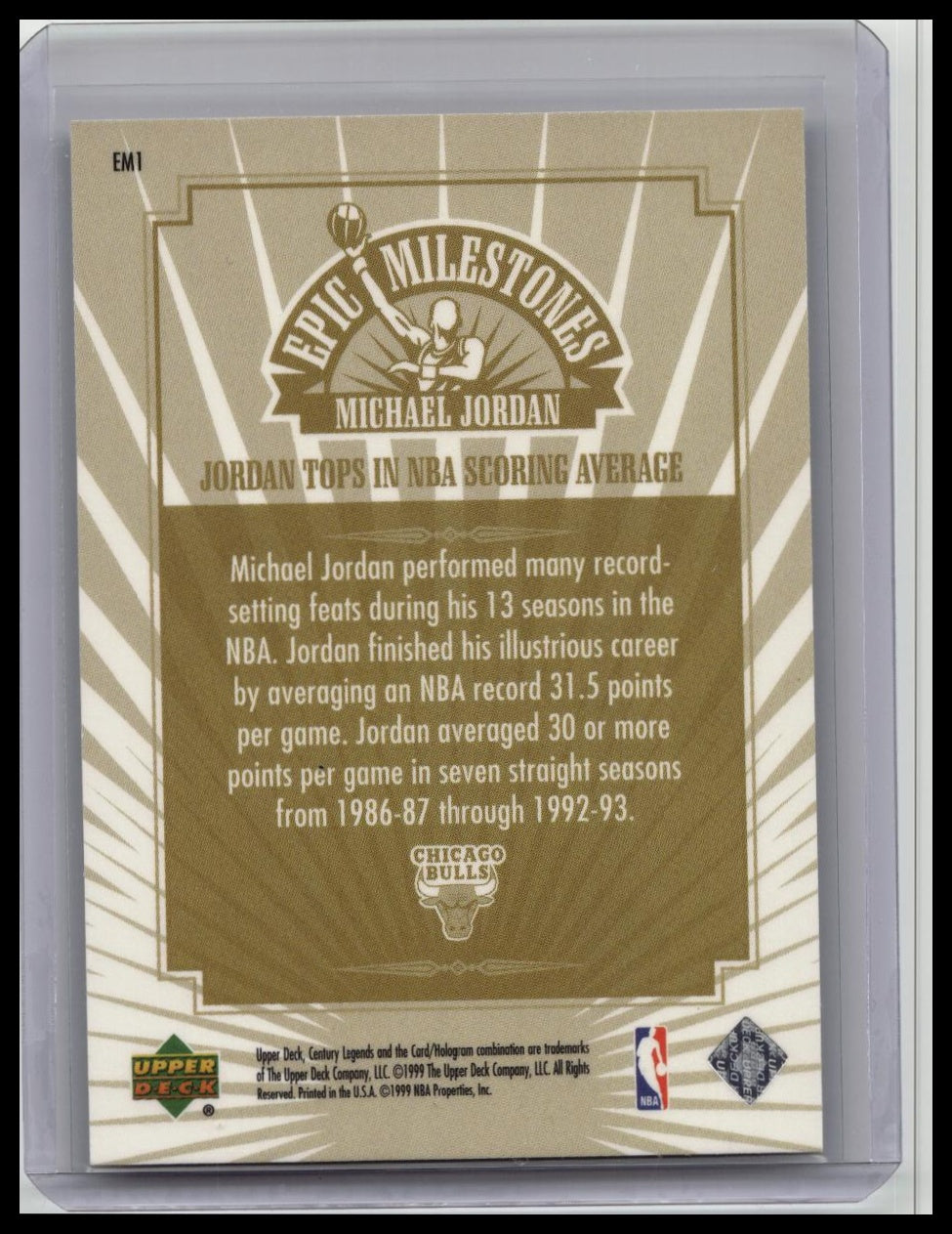1999 Upper Deck Century Legends Michael Jordan Epic Milestones #EM1