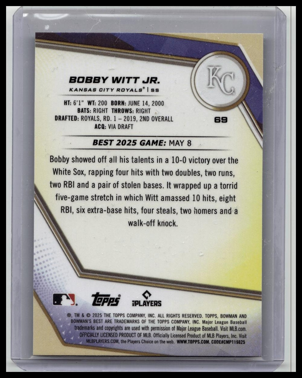 2025 Bowman’s Best Bobby Witt Jr. Aqua Refractor #69 Kansas City Royals /199
