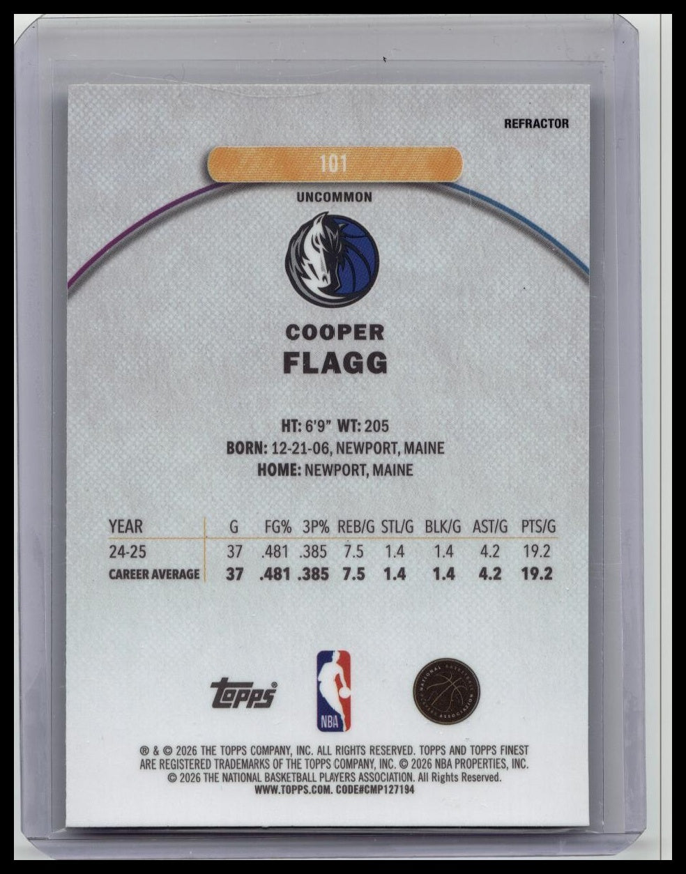 Topps 2026 Finest Rookie Uncommon Refractor Cooper Flagg #101 Dallas Mavericks