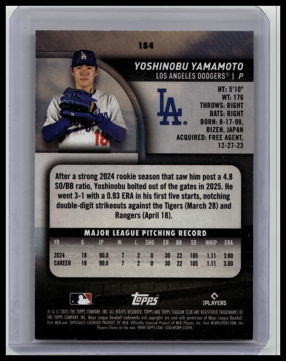 2025 Topps Stadium Club - Yoshinobu Yamamoto #184 Black & White