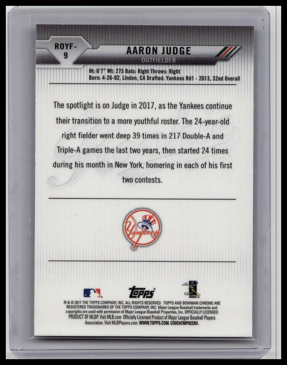 Aaron Judge 2017 Bowman Rookie of the Year Favorites ROY #9 Rookie RC