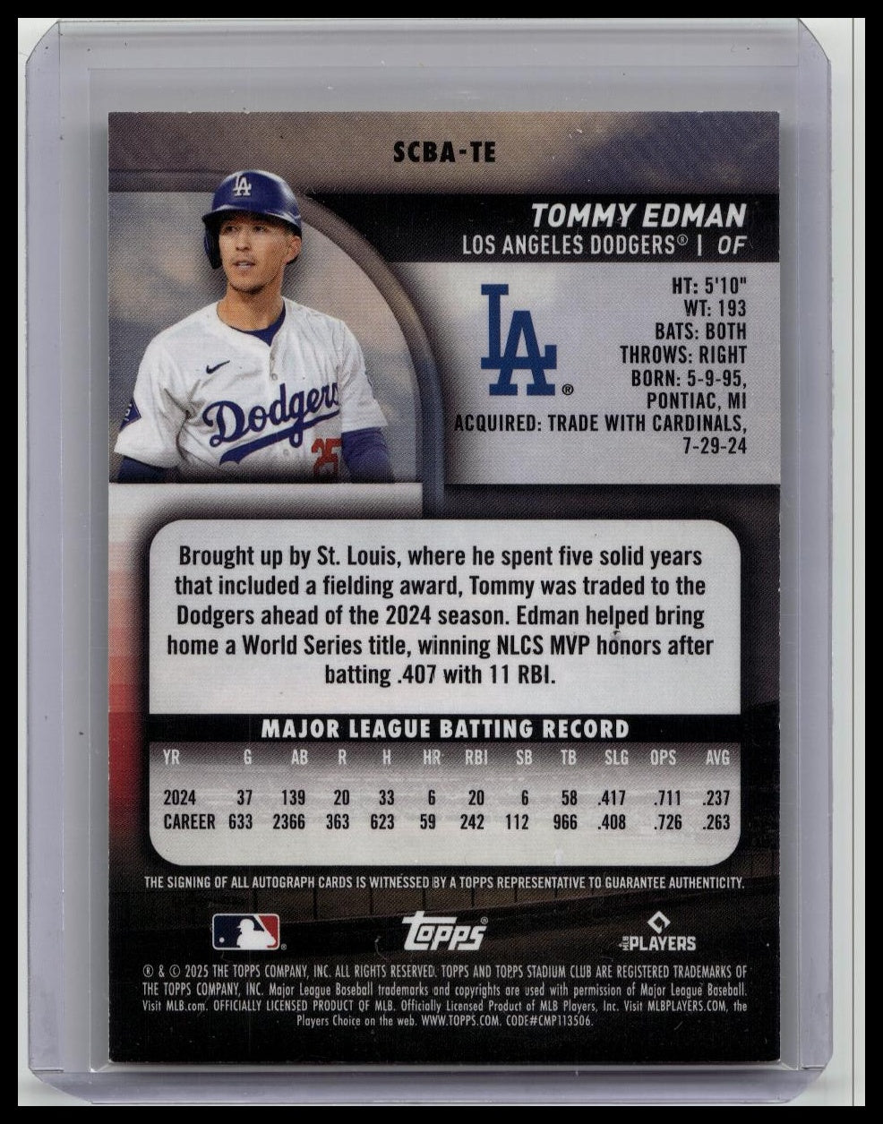 2025 Topps Stadium Club Tommy Edman On-Card Auto Yellow Los Angeles Dodgers SP