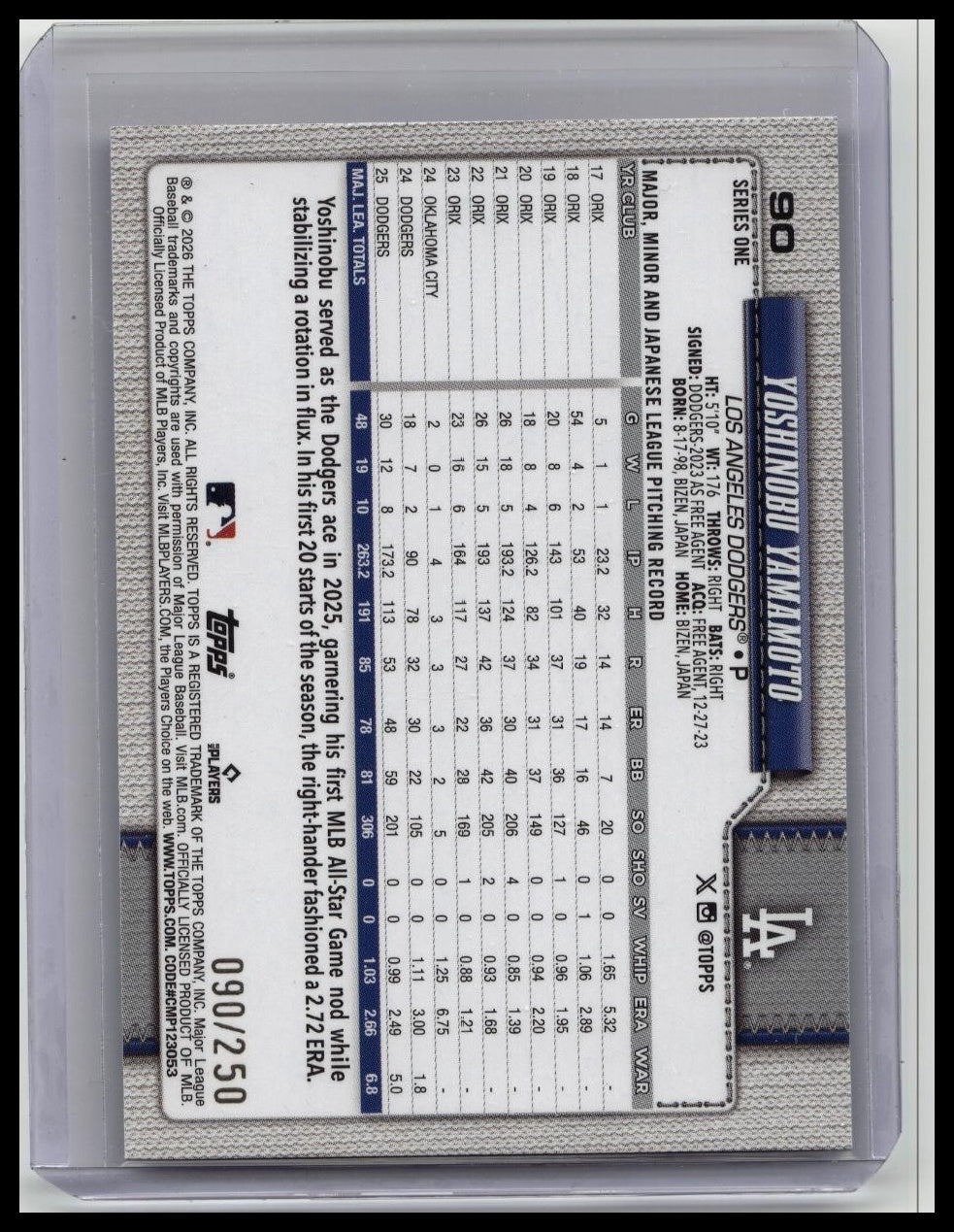 2026 Topps Series 1 - Yoshinobu Yamamoto #90 Purple Holo Foil /250 Dodgers