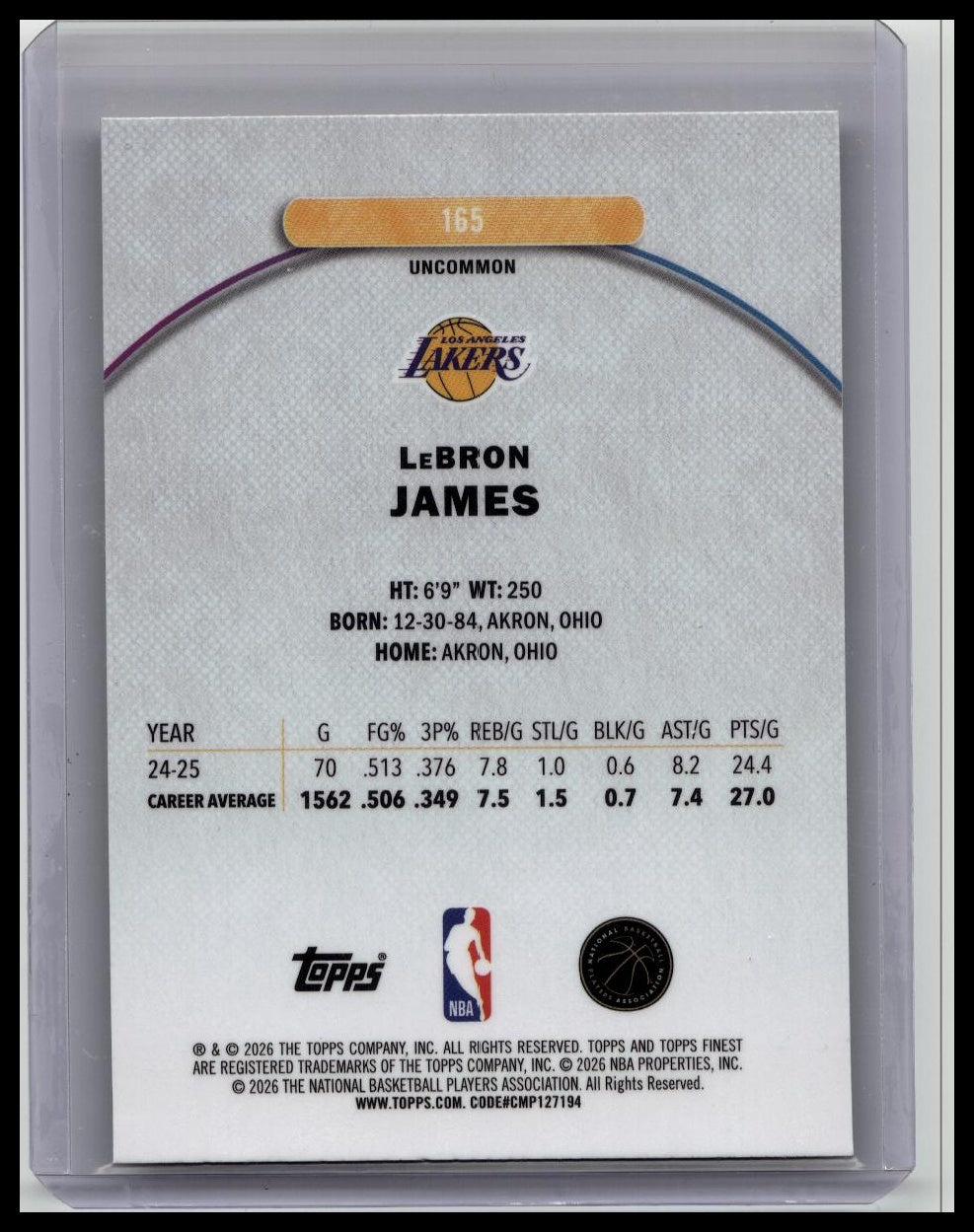 Topps 2025-26 Finest LeBron James Lakers #165 XFractor