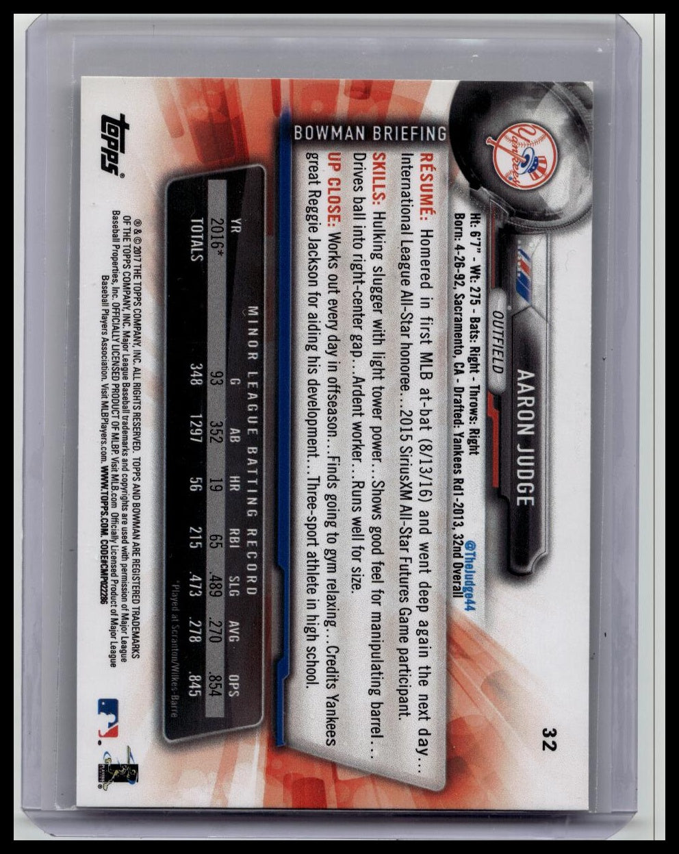 2017 Bowman Aaron Judge Rookie RC 32 Yankees