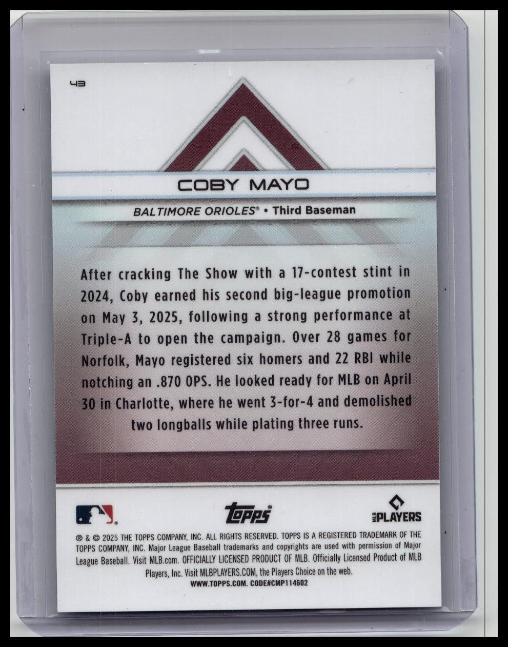 2025 Topps Transcendent Collection Coby Mayo Chrome RC Rookie #43 Orioles