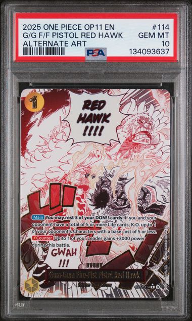 2025 ONE PIECE OP11-A FIST OF DIVINE SPEED PISTOL RED HAWK ALTERNATE ART PSA 10