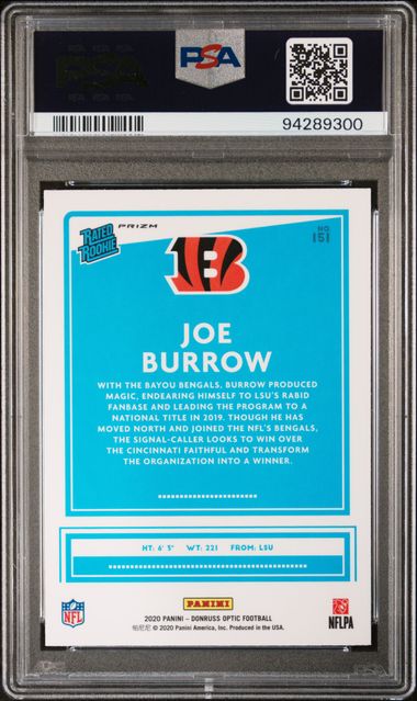 2020 PANINI DONRUSS OPTIC #151 JOE BURROW GREEN VELOCITY ROOKIE PSA 10