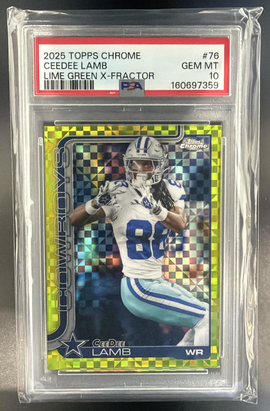 2025 Topps Chrome CeeDee Lamb #76 Lime Green X-Fractor Cowboys PSA 10 — front