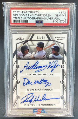 2022 Leaf Trinity Anthony Volpe Don Mattingly Rickey Henderson Auto /49 PSA 10