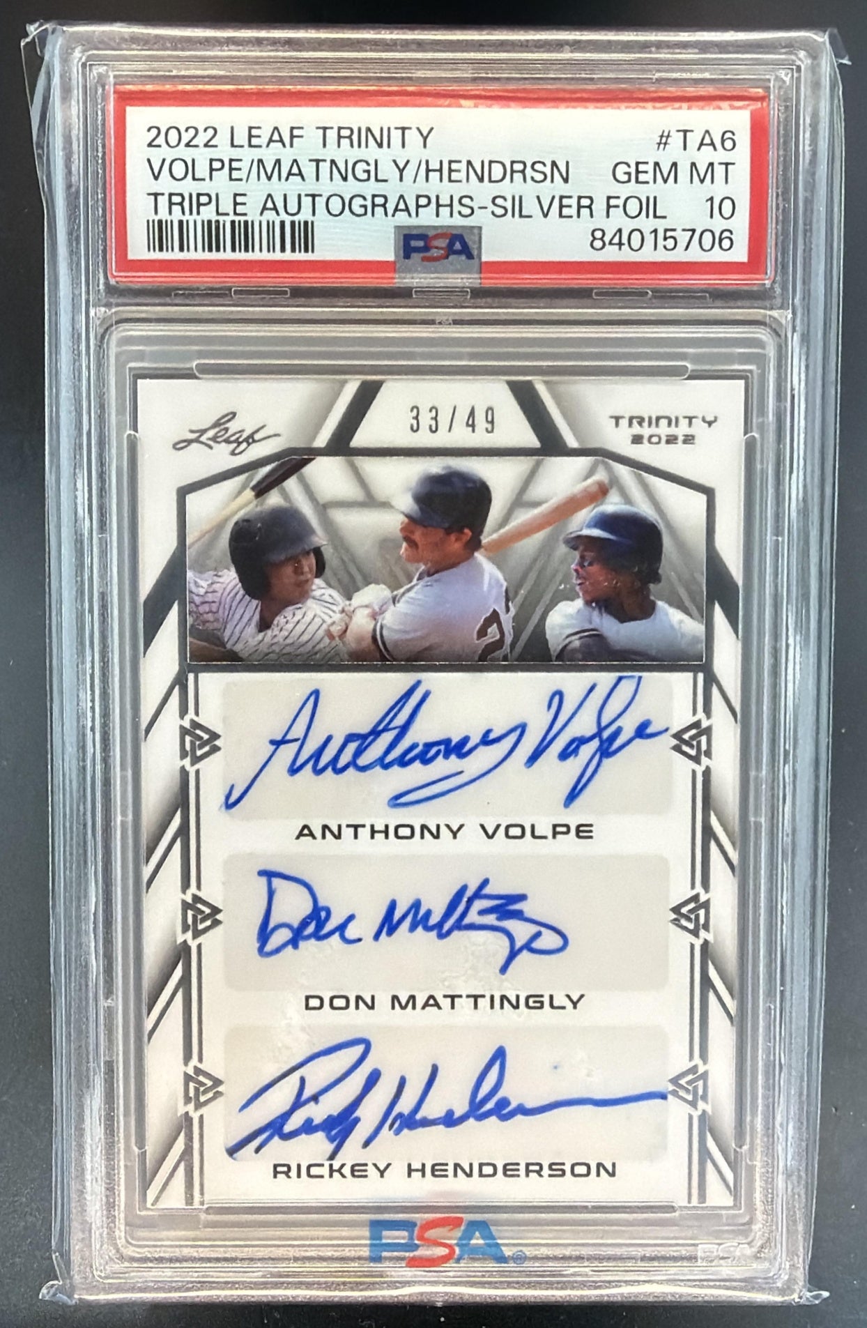 2022 Leaf Trinity Anthony Volpe Don Mattingly Rickey Henderson Auto /49 PSA 10 — front