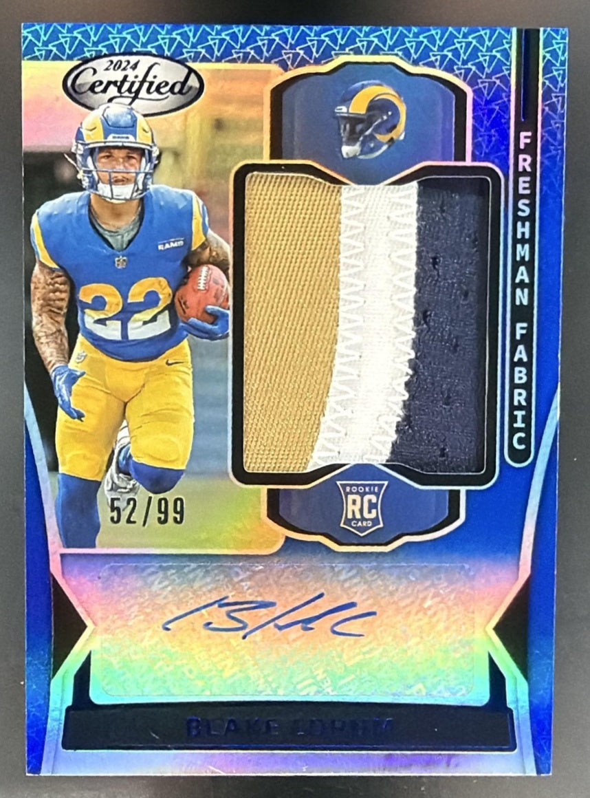2024 Panini Certified Blake Corum Freshman Fabric Mirror Blue /99 MEM RC Auto — front
