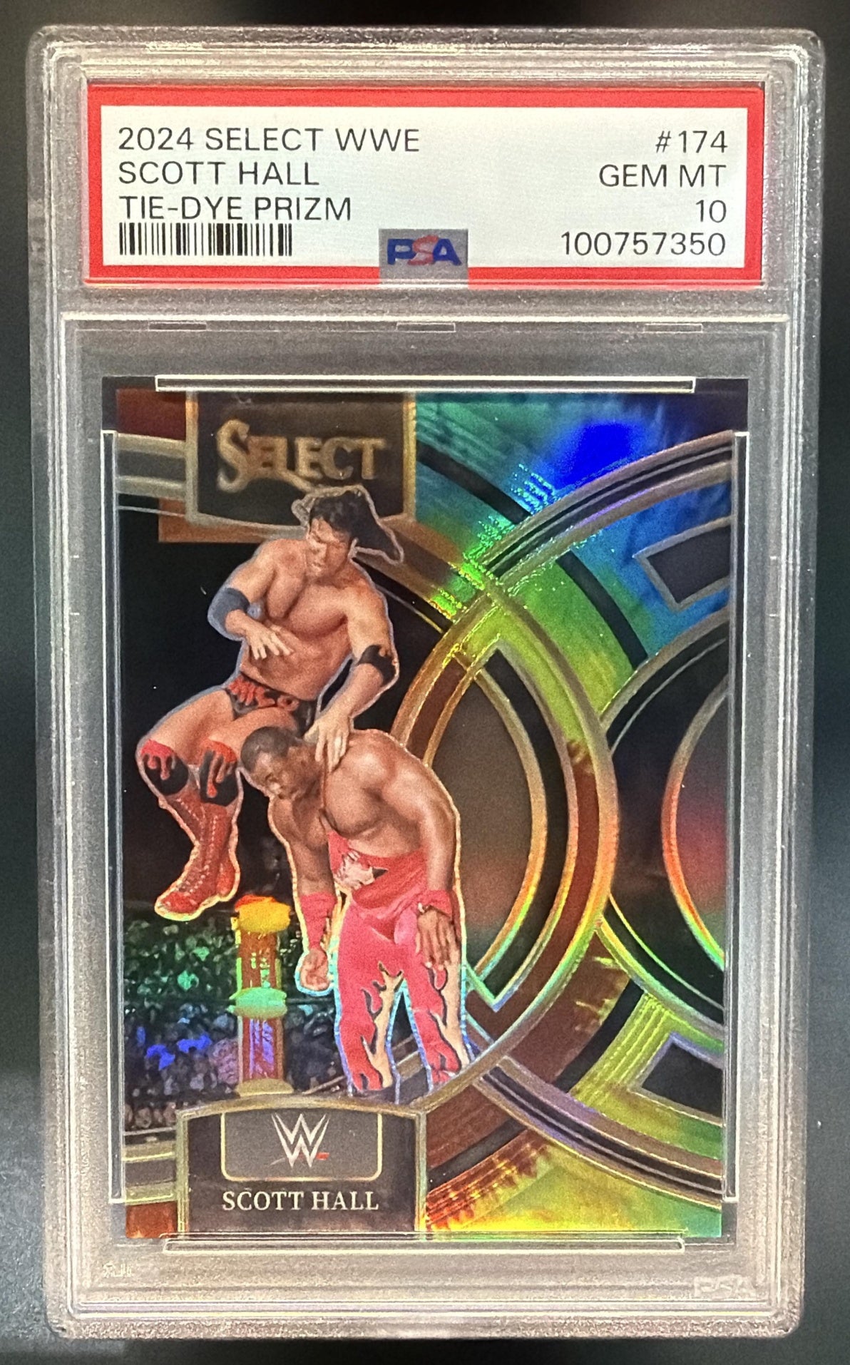 2024 Panini Select WWE Scott Hall #174 Tie-Dye Prizm 25/25 Premier Level PSA 10 — front