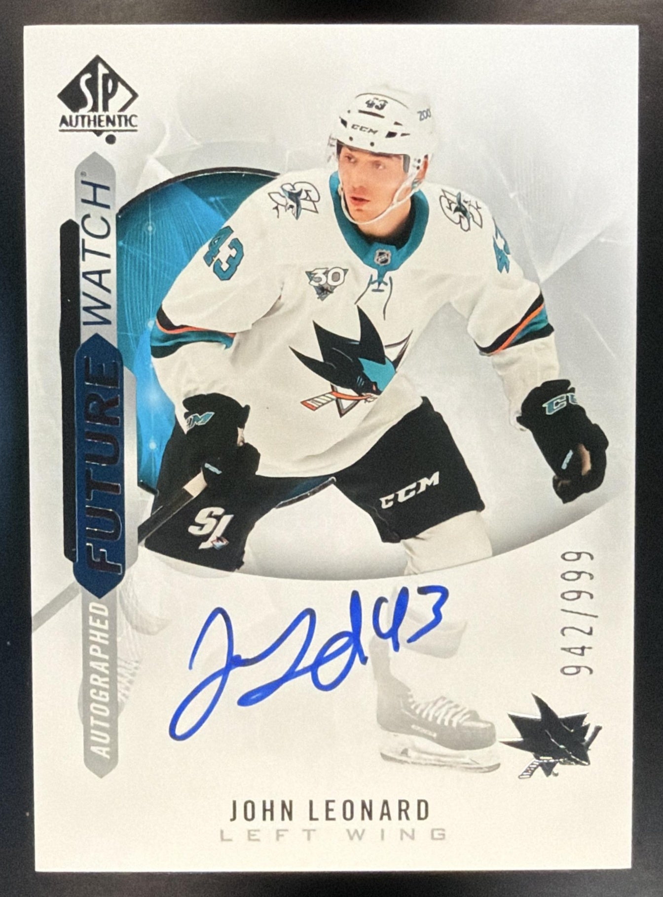 2020-21 SP Authentic John Leonard #200 942/999 Auto RC Future Watch Sharks — front