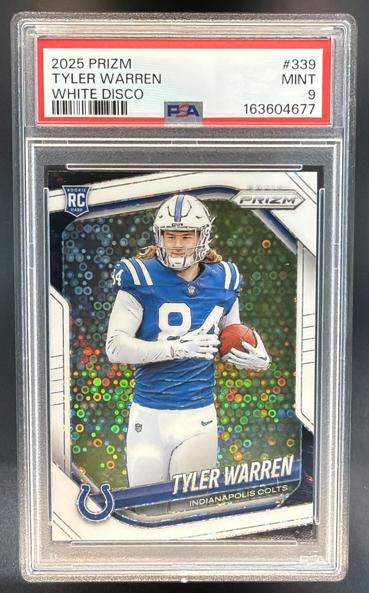 2025 Panini Prizm Tyler Warren #339 White Disco RC Colts PSA 9 — front