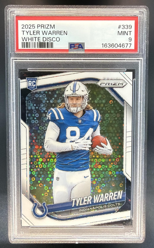 2025 Panini Prizm Tyler Warren #339 White Disco RC Colts PSA 9 — front