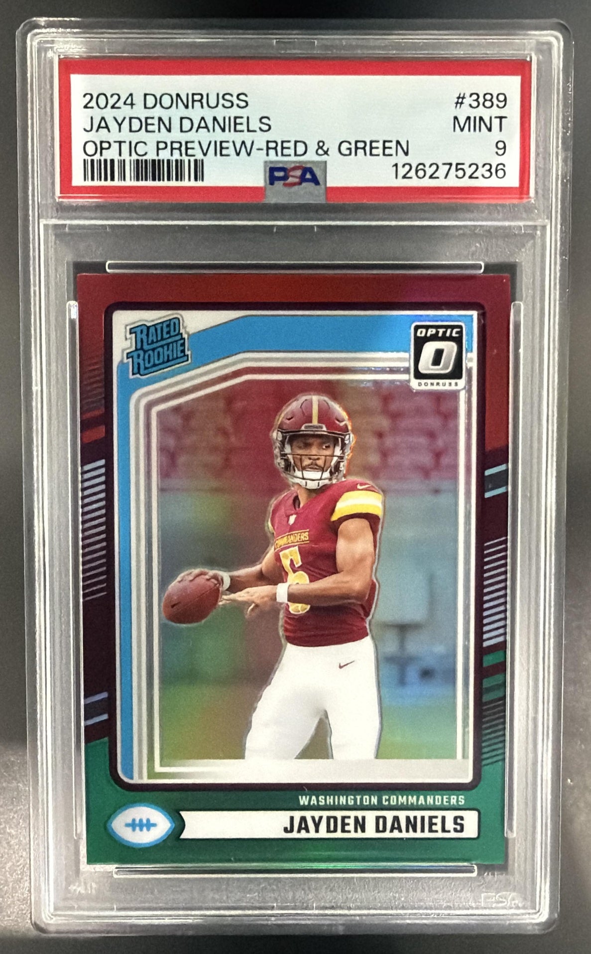 2024 Donruss Jayden Daniels #389 Optic Rated Rookie Preview Red and Green PSA 9 — front