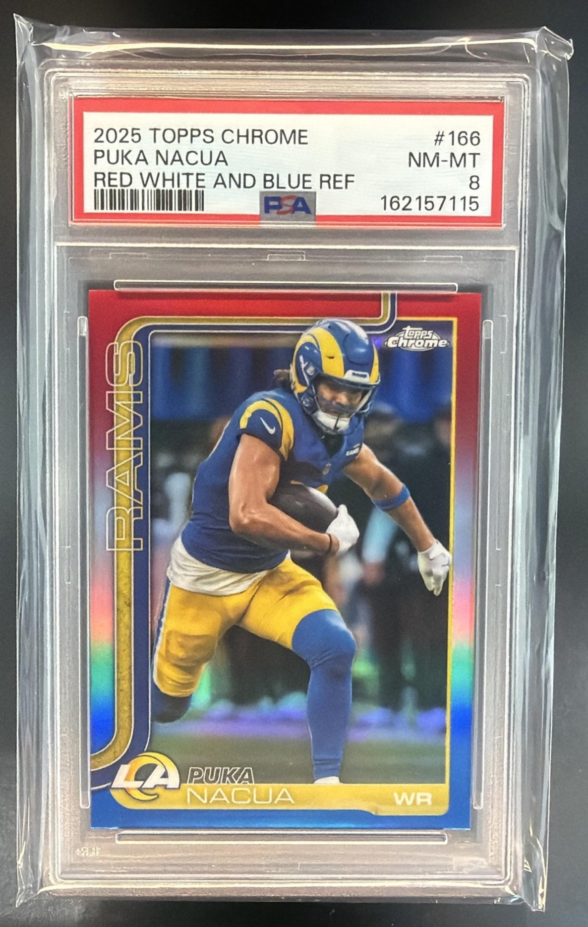 2025 Topps Chrome Puka Nacua #166 Red/White/Blue Refractor Rams PSA 8 — front