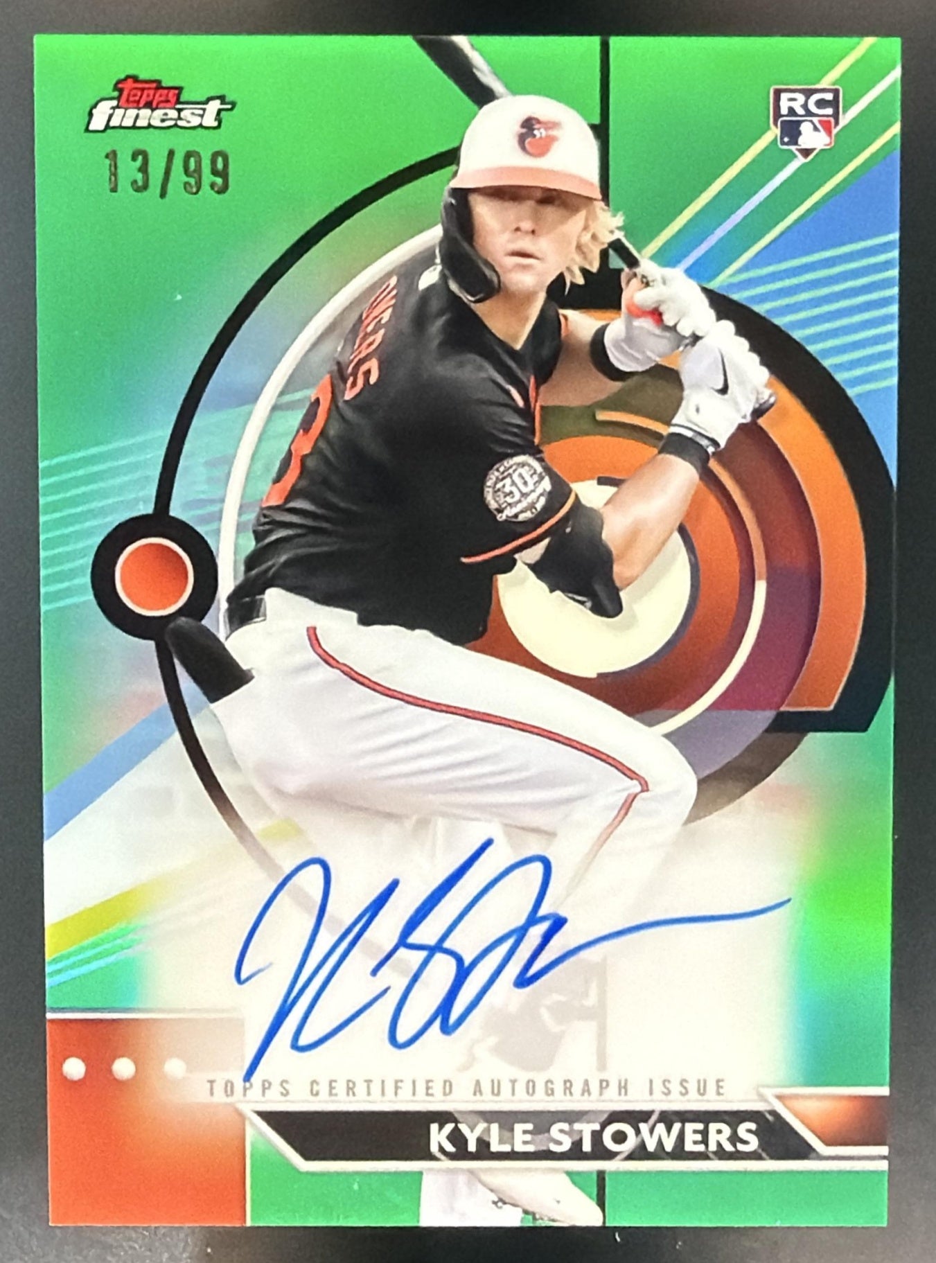 2023 Topps Finest Kyle Stowers #FA-KS Auto Green Refractor 13/99 RC Orioles — front