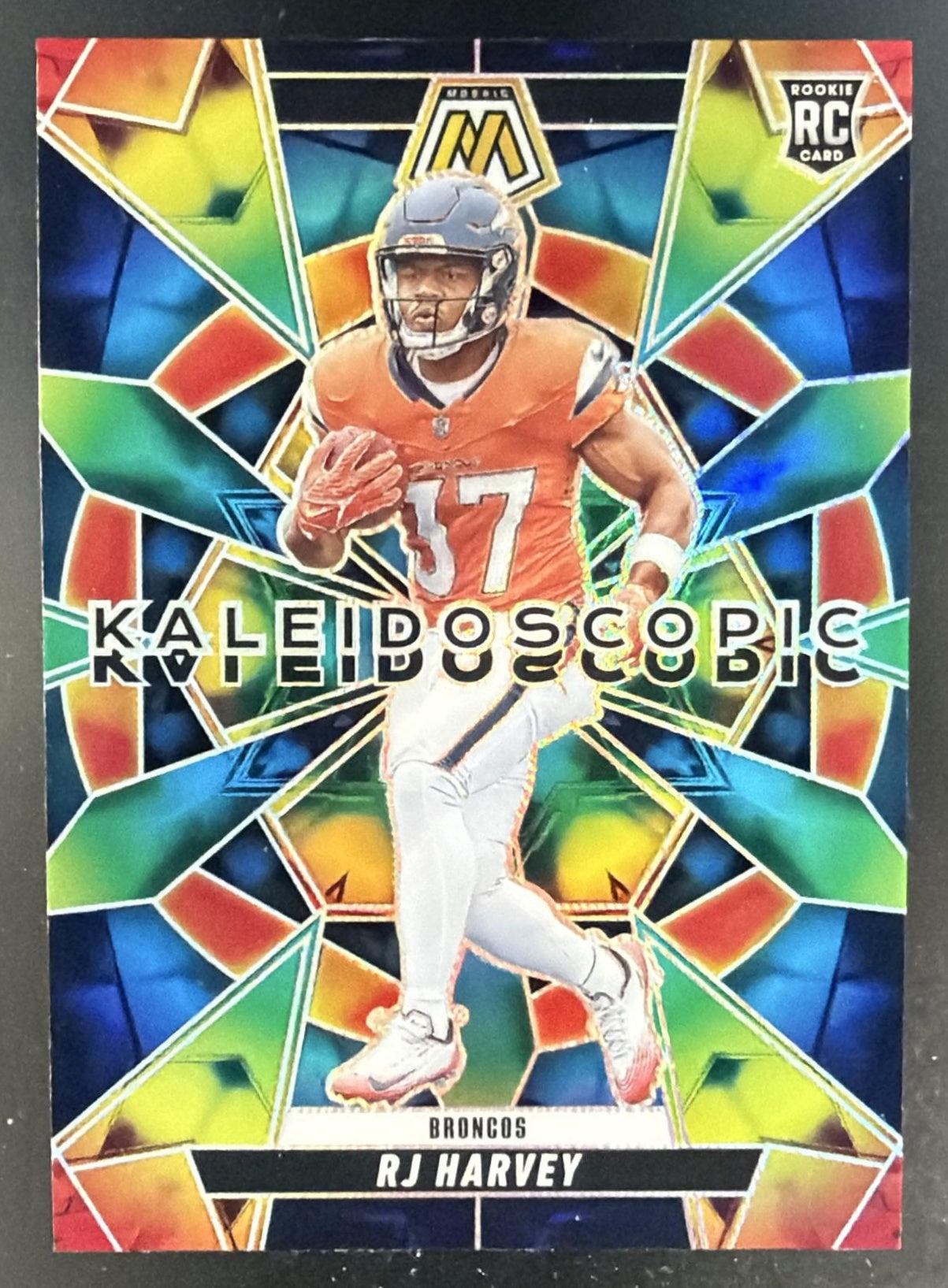 2025 Panini Mosaic RJ Harvey #22 Kaleidoscopic RC Broncos — front