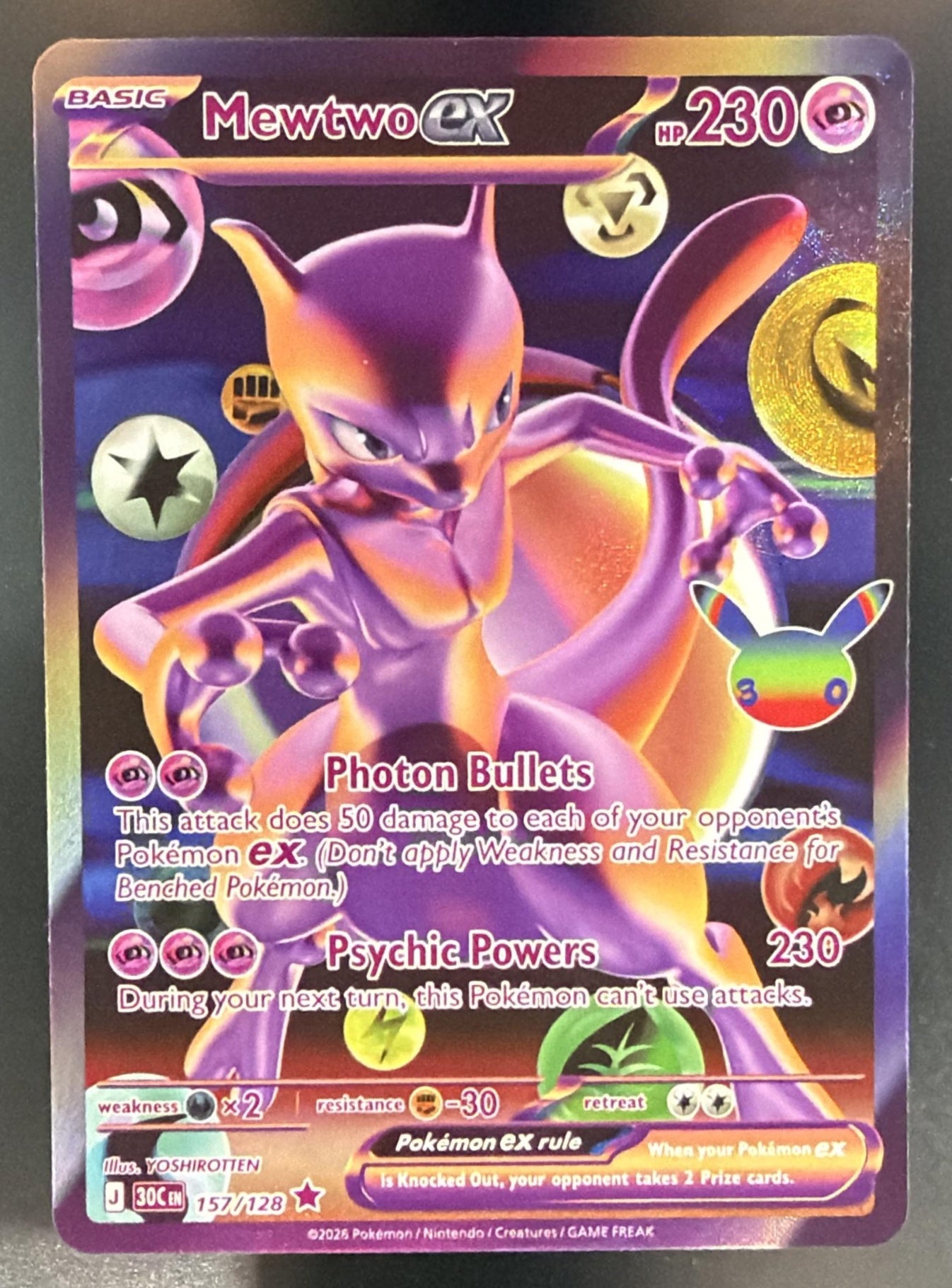 2026 Pokemon 30th Celebration Mewtwo ex #157/128 Futuristic Rare — front