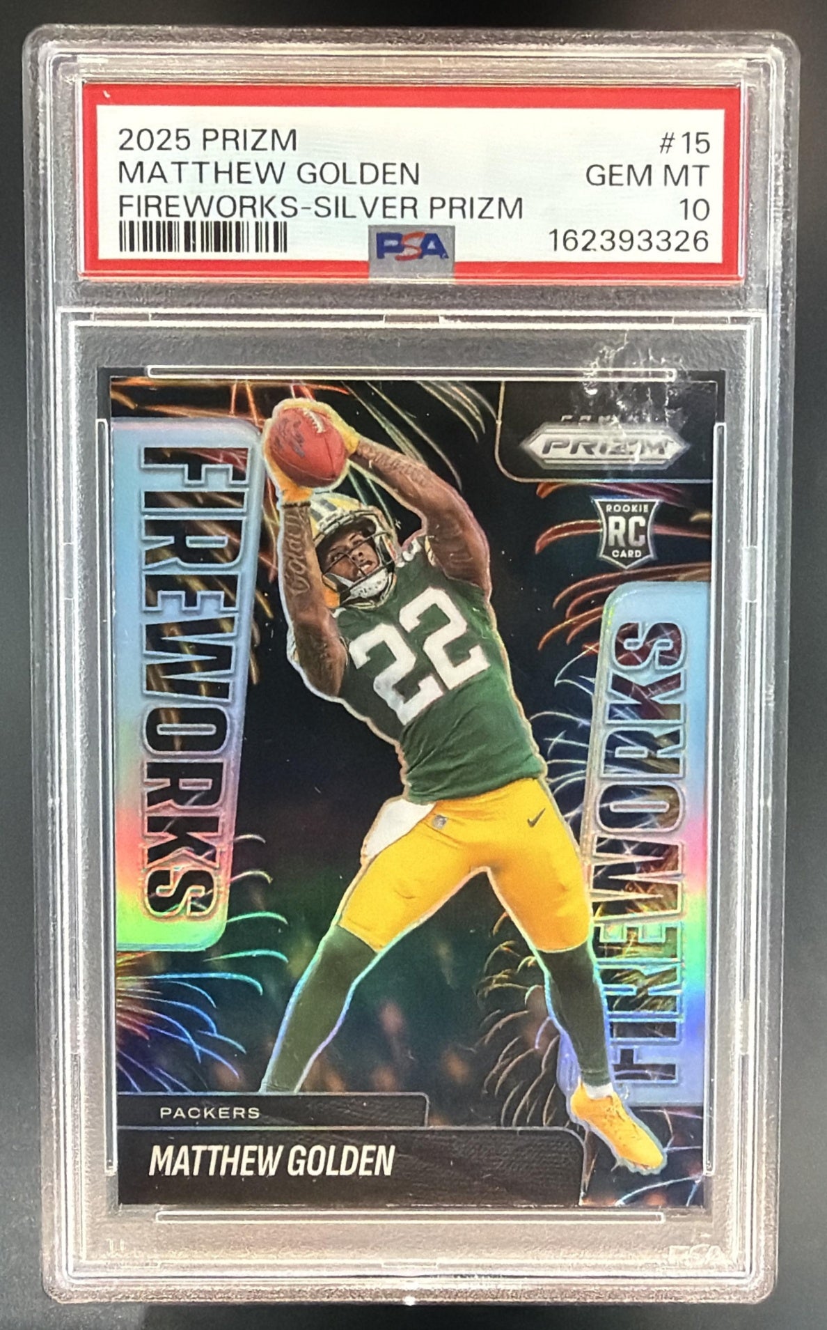 2025 Panini Prizm Matthew Golden #15 Fireworks Silver RC Packers PSA 10 — front