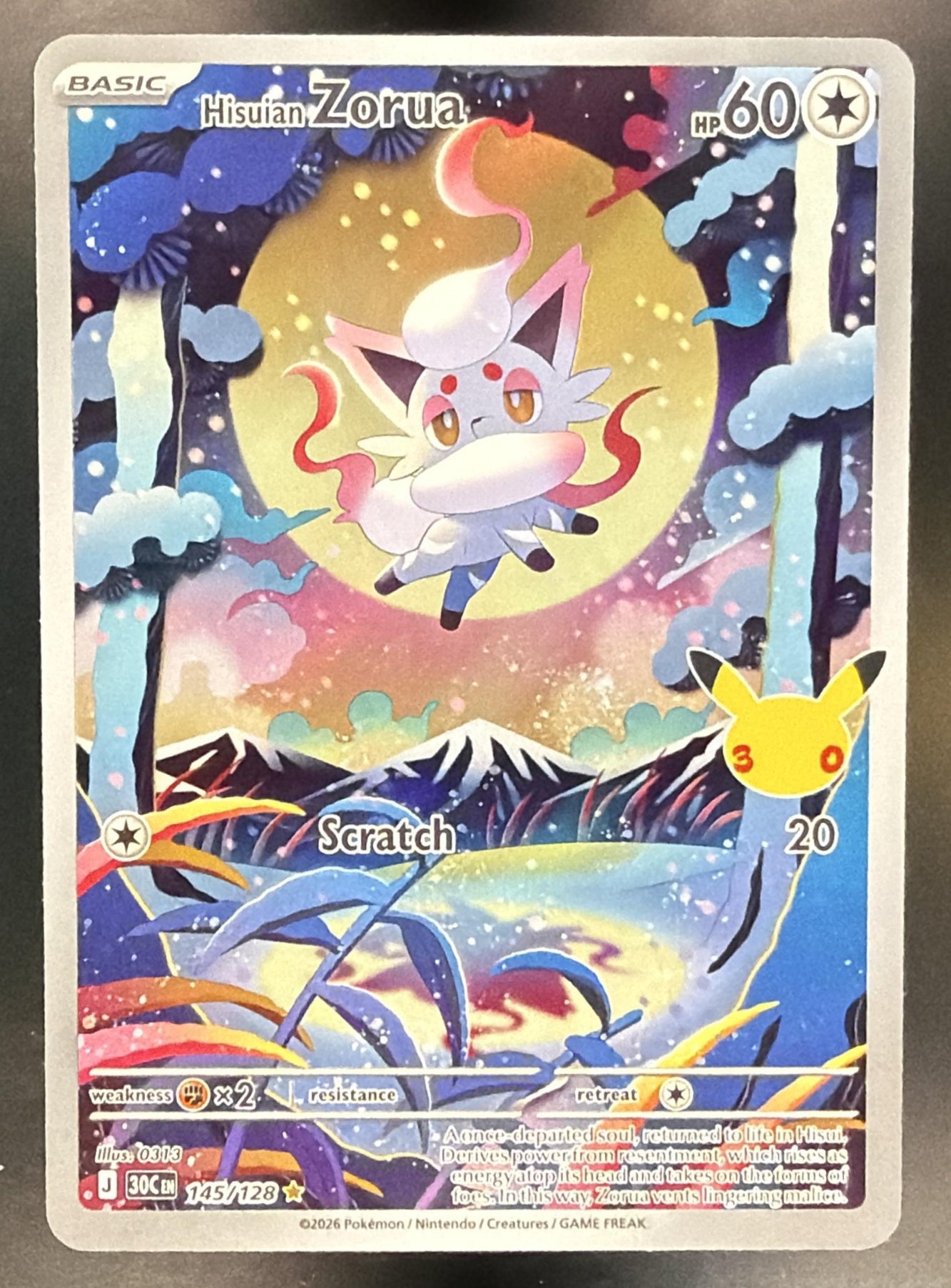 2026 Pokemon 30th Celebration Hisuian Zorua #145/128 Illustration Rare — front