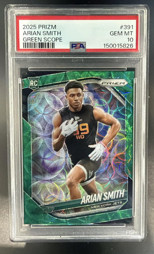 2025 Panini Prizm Arian Smith #391 Green Scope 51/75 RC Jets PSA 10 — front