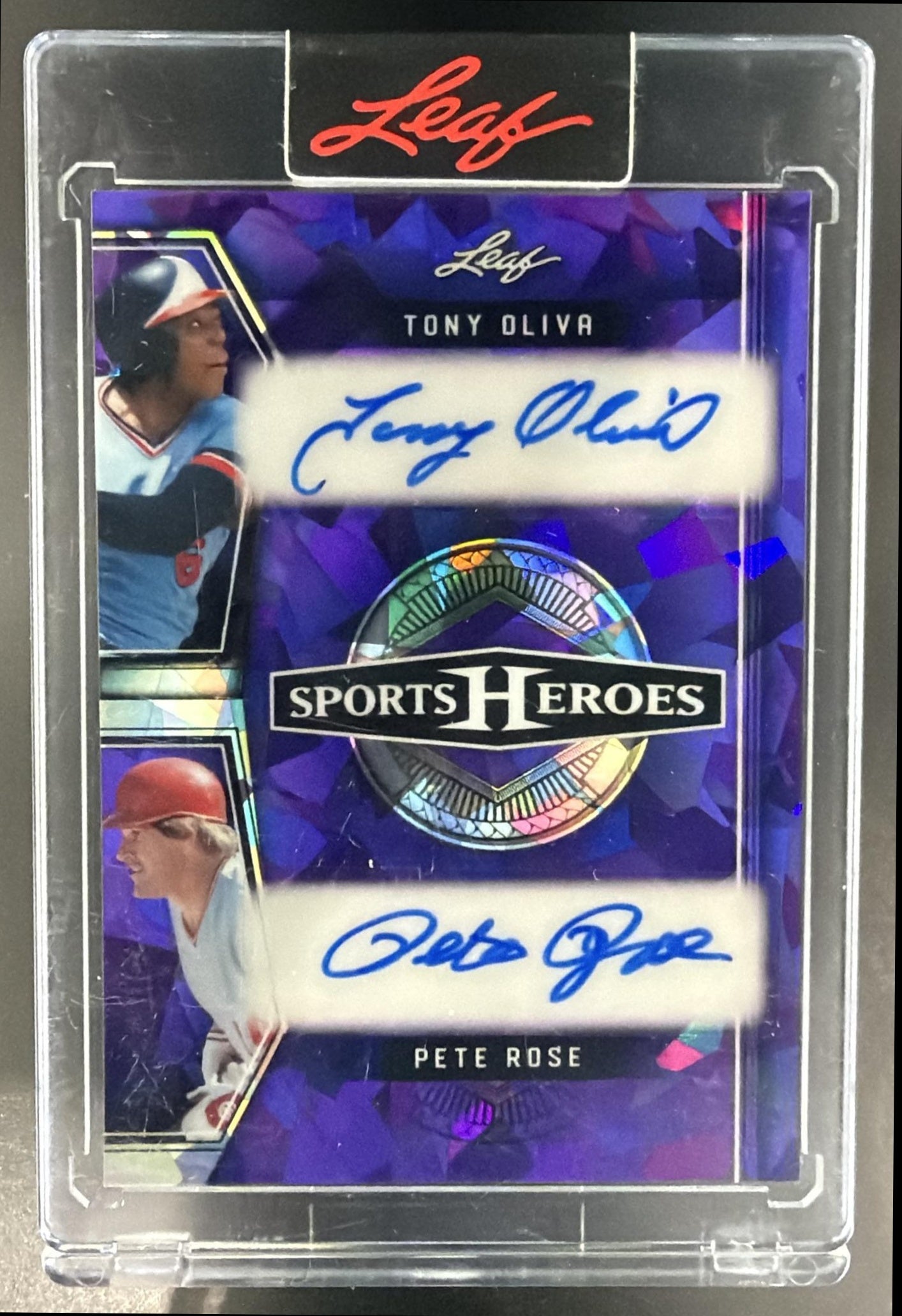 2025 Leaf Metal Sports Heroes Tony Oliva Pete Rose Auto Crystal Purple /8 — front