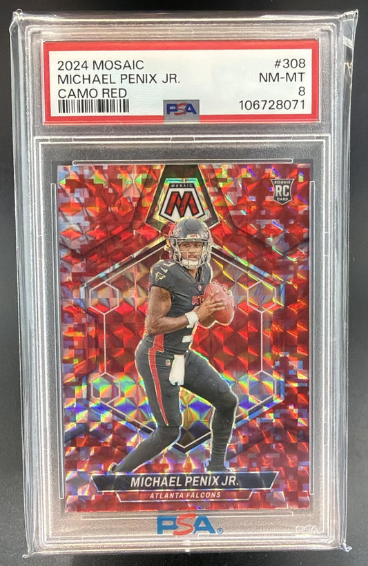 2024 Panini Mosaic Michael Penix Jr. #308 Camo Red Prizm RC Falcons PSA 8 — front
