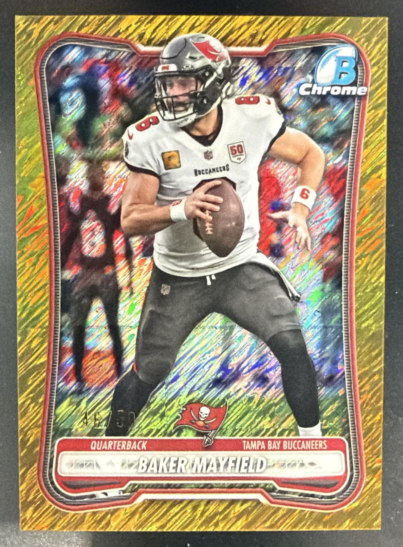 2026 Bowman Baker Mayfield #BCV-94 Chrome NFL Gold Shimmer Refractor /50 — front