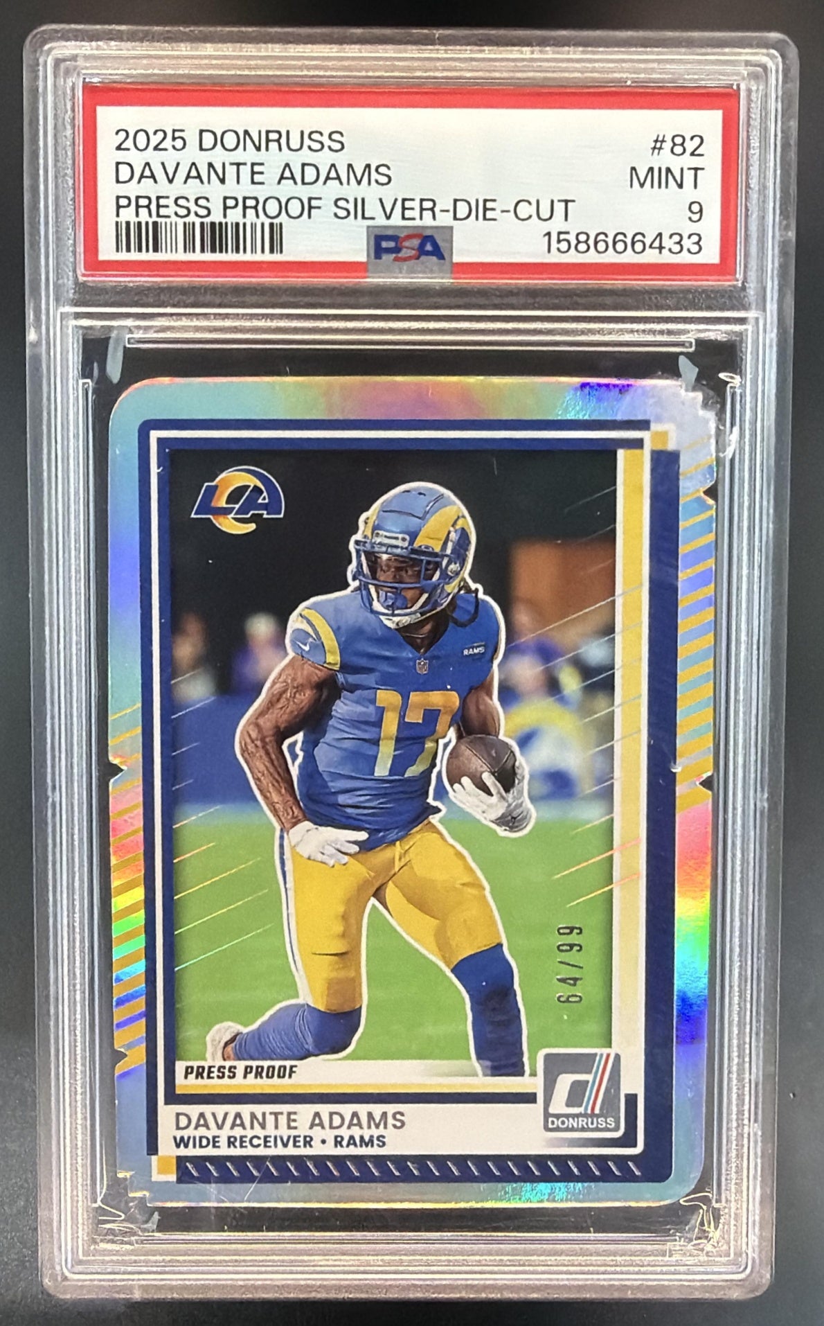 2025 Panini Donruss Davante Adams #82 Press Proof Silver Die-Cut /99 PSA 9 — front