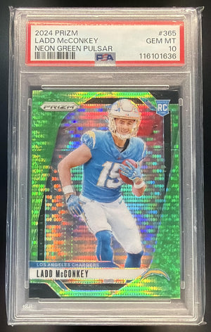2024 Panini Prizm Ladd McConkey #365 Neon Green Pulsar RC Chargers PSA 10