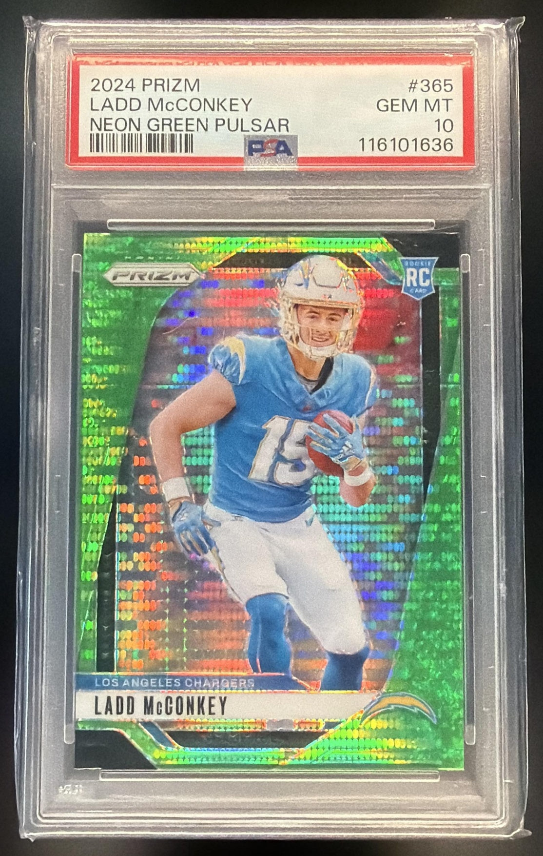 2024 Panini Prizm Ladd McConkey #365 Neon Green Pulsar RC Chargers PSA 10