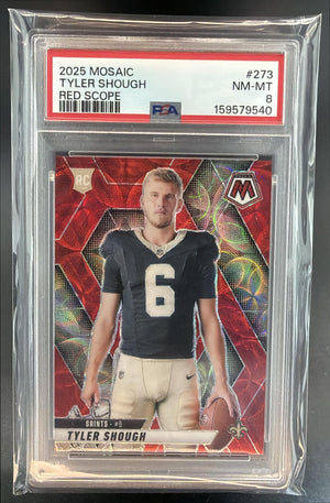 2025 Panini Mosaic Tyler Shough #312 Rookies Red Scope Prizm RC Saints PSA 8