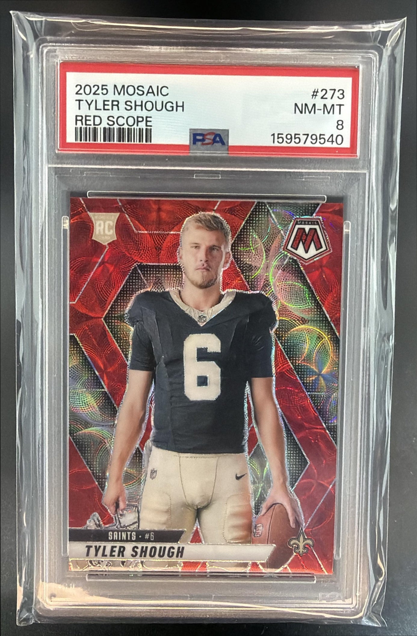 2025 Panini Mosaic Tyler Shough #312 Rookies Red Scope Prizm RC Saints PSA 8 — front