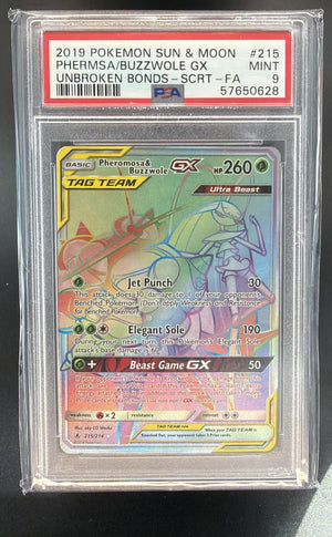 2019 Pokemon Sun & Moon Unbroken Bonds Pheromosa Buzzwole Tag Team 215/214 PSA 9