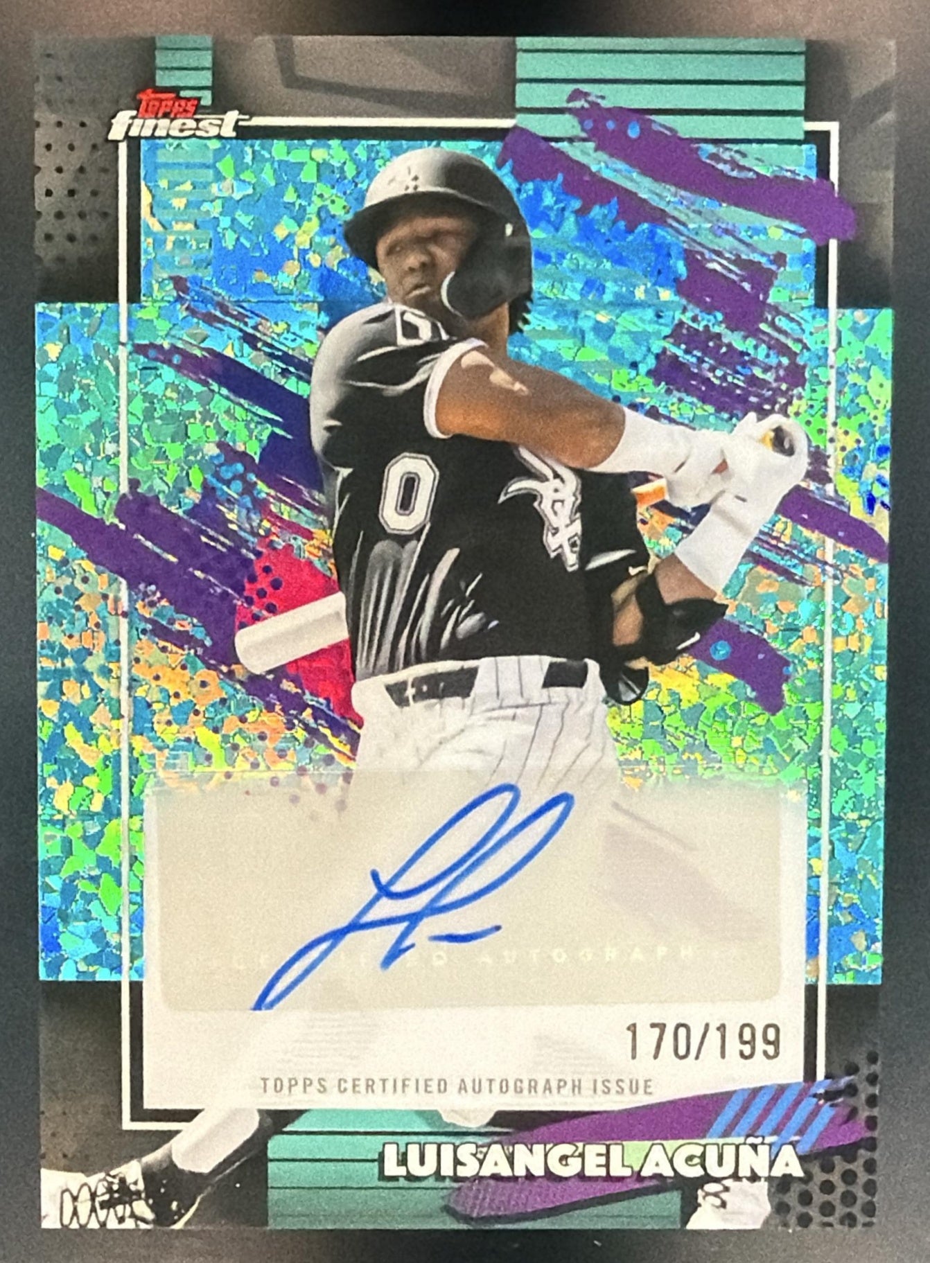 2026 Topps Finest Luisangel Acuna Mega Auto Aqua Mini-Diamond Refractor /199 — front