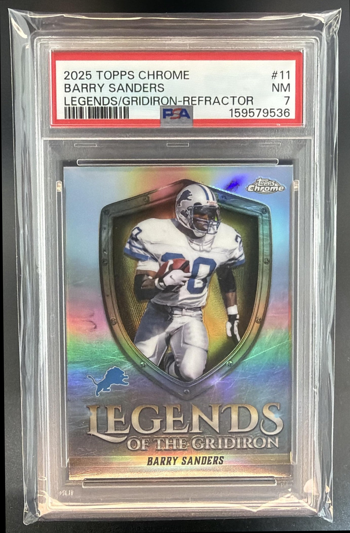 2025 Topps Chrome Barry Sanders #LOG-11 Legends of the Gridiron Refractor PSA 7 — front