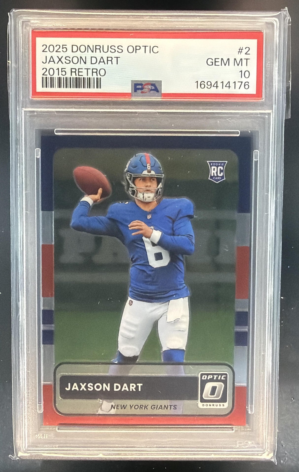2025 Panini Donruss Optic Jaxson Dart #2 2015 Retro RC Giants PSA 10 — front