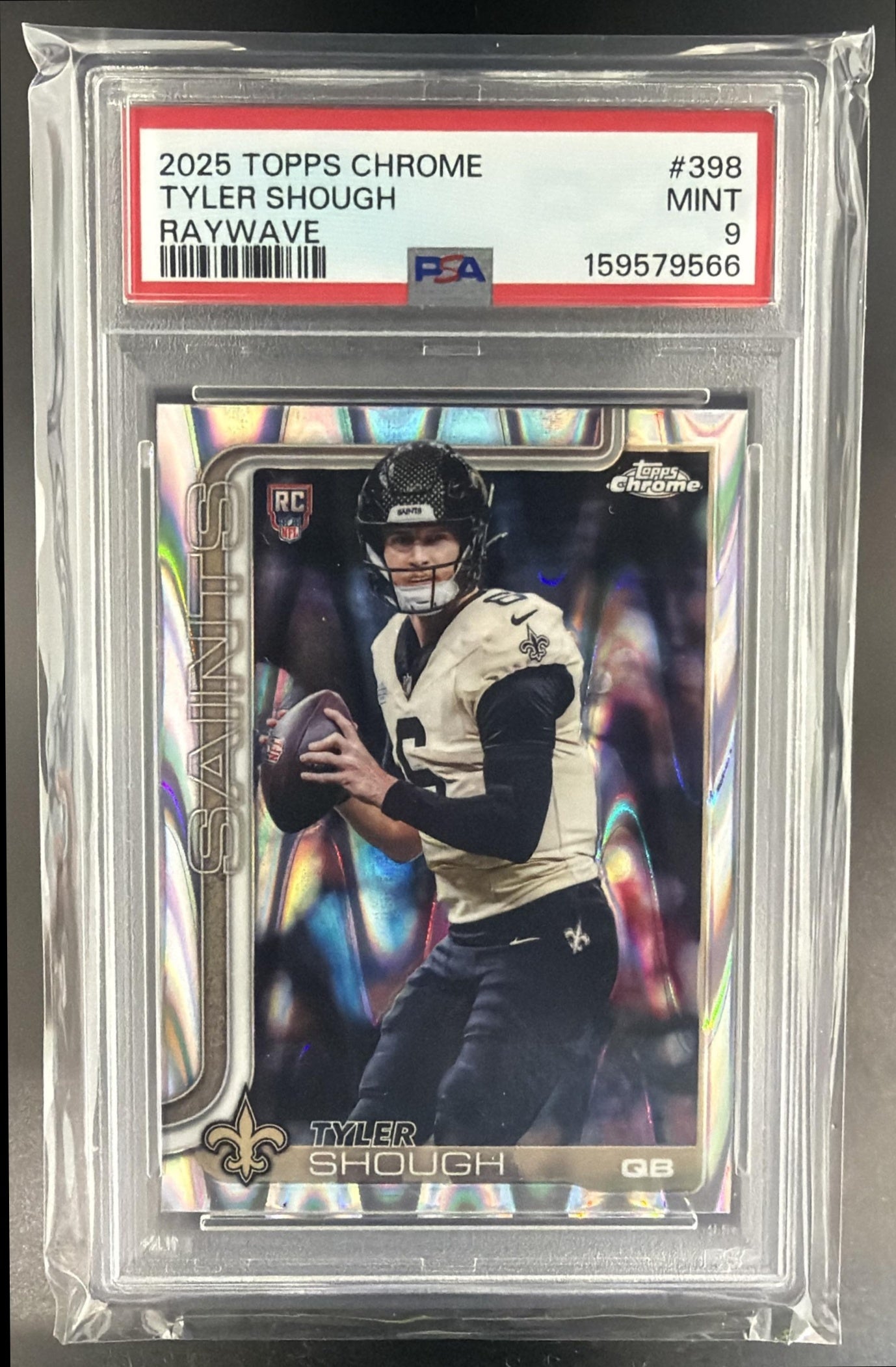 2025 Topps Chrome Tyler Shough #398 Rookie RayWave Refractor RC Saints PSA 9 — front