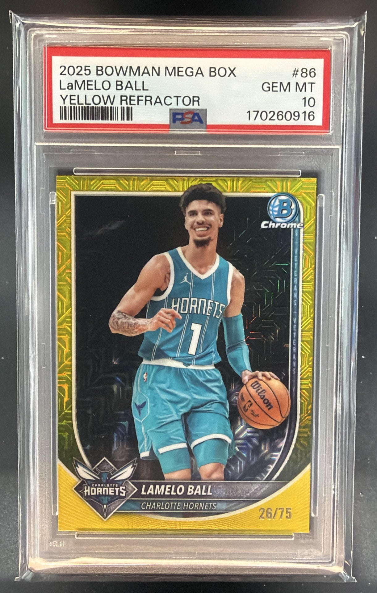 2025 Bowman LaMelo Ball #BCV-86 Chrome Yellow Mojo Refractor /75 PSA 10 — front