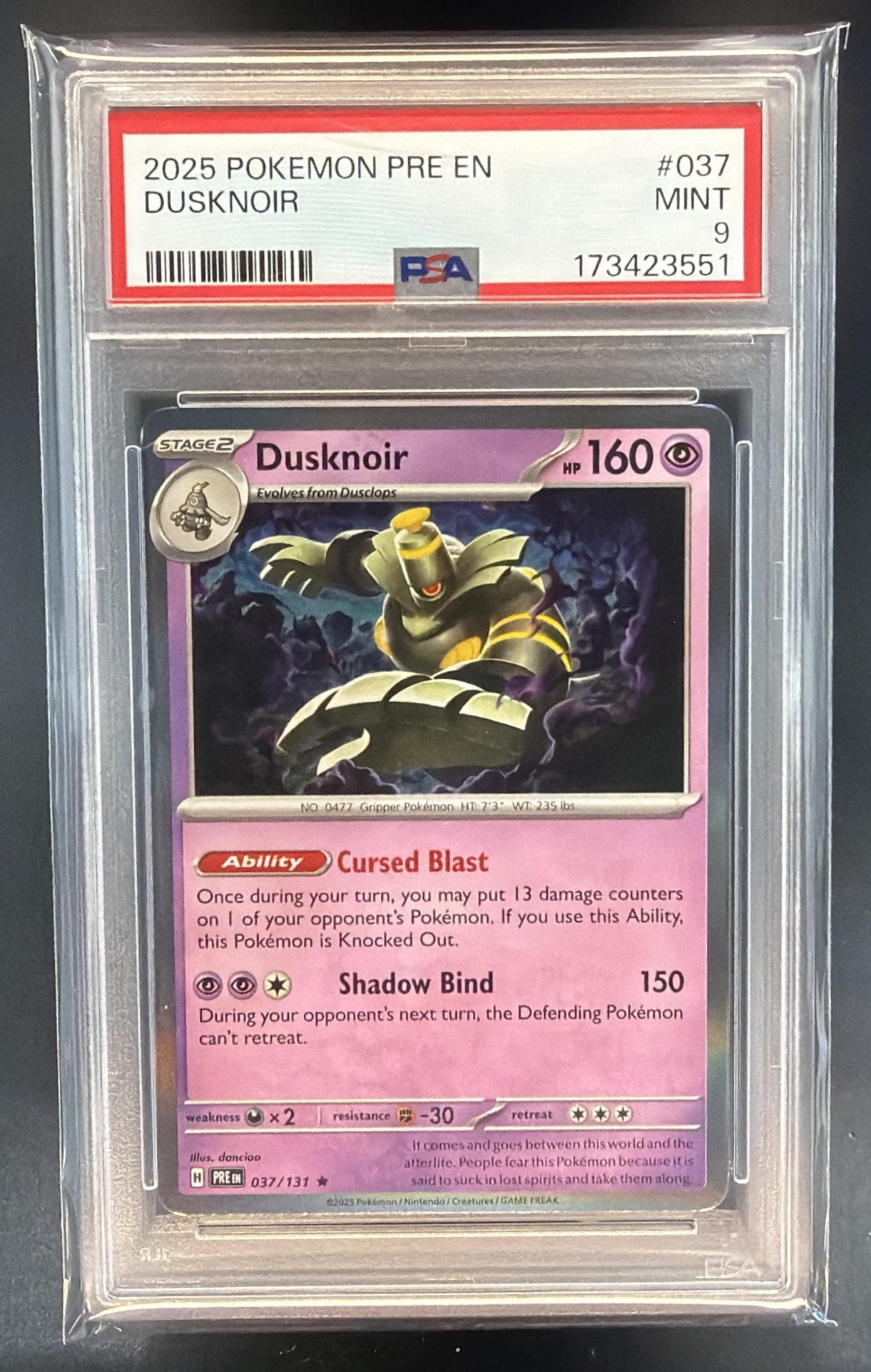 2025 Pokemon Prismatic Evolutions Dusknoir #037/131 PSA 9 — front