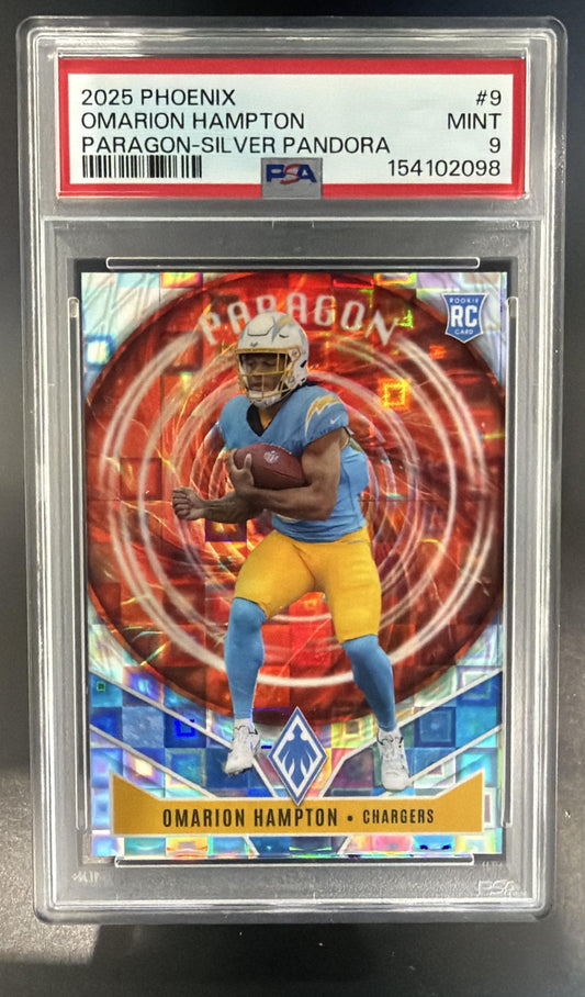 2025 Panini Phoenix Omarion Hampton Paragon Silver Pandora Prizm /249 RC PSA 9 — front